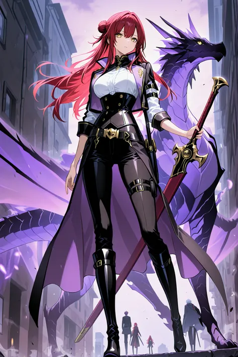  1 girl , red hair , long hair , simple bun , side stripes , golden eyes , medium breasts , sexy, cute, handsome, Cool,   beautiful,   black pants with pockets on the sides, Weapon belt around the waist , white top with black corset ,  black boots, mysteri...