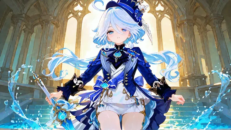 Stunning anime-style illustration of Furina from Genshin Impact, standing elegantly with her signature sword in a grand, magical fountain plaza under a twilight sky. She holds her sword gracefully, with water swirling around her feet and sparkling droplets...