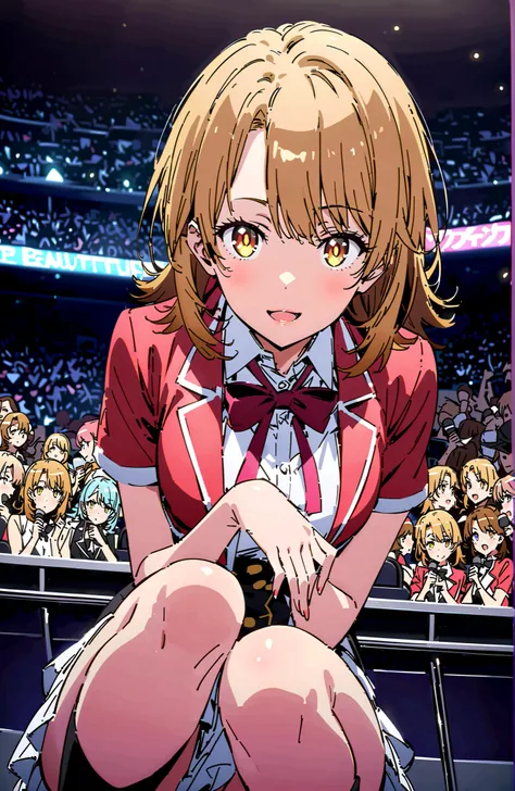 Irohaisshiki, Isshiki Iroha , short hair, brown hair, brown eyes,smile,cover,open your mouth,
idol costume, dress,collared  dress,jacket,cropped jacket,Short sleeve,bowtie,bow,button,villages with,(white knee-high:1.2),boots,アイドル歌手がライブ ステージで熱狂的に歌うシーンのillus...
