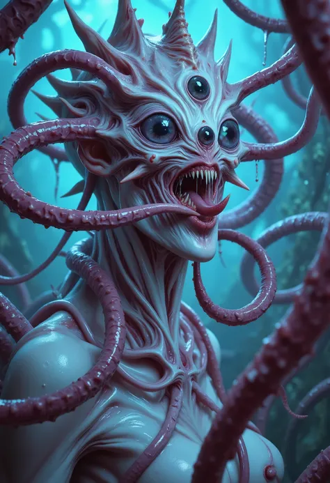 (4 iridescent eyes:1.5), four eyes, scary and sexy detailed art in color, Portrait, (beautiful and obscene female alien:1.4), (vulgarity1.7), (Translucent white skin:1.4), (There is a female genital-like organ in the middle of the forehead:2.3), (The most ...