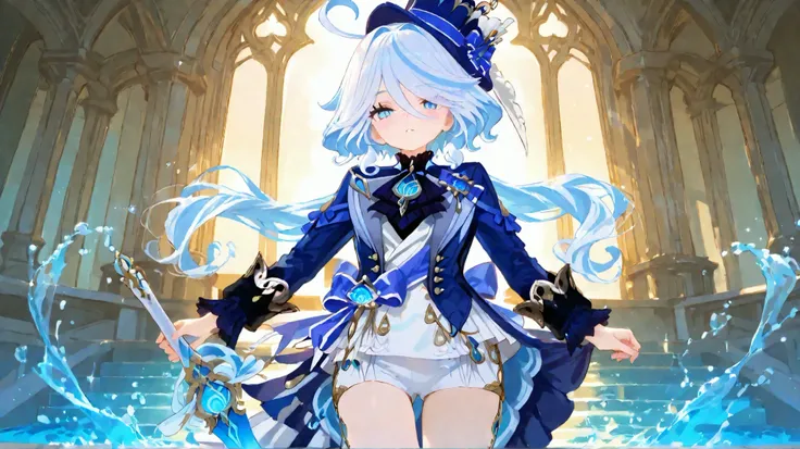 Stunning anime-style illustration of Furina from Genshin Impact, standing elegantly with her signature sword in a grand, magical fountain plaza under a twilight sky. She holds her sword gracefully, with water swirling around her feet and sparkling droplets...