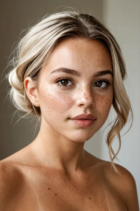 Nora, blonde, 19 years old, perfect body, brown eyes, tan brown face with subtle freckles, small cute face, oval-shaped short face, chubby face, big cheeks, soft facial features, almond eyes, posing for a picture, Madelyn Cline, ((hyper bronze skin)), ((ta...