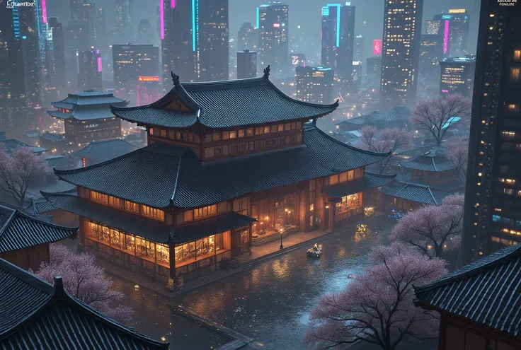 A bird’s-eye view of a samurai mansion built in traditional Edo-period Japanese architecture, nestled within the heart of a sprawling cyberpunk cityscape. The mansion features classic curved tiled roofs, wooden courtyards, and a tranquil inner garden with ...