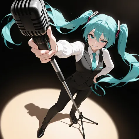 logo musical album of Hatsune Miku wearing a white, with a black vest and tie, black dress pants and shoes. with a seductive and challenging expression and smile, With a raised eyebrow , with a different angle of perspective, holding a microphone stand, w...