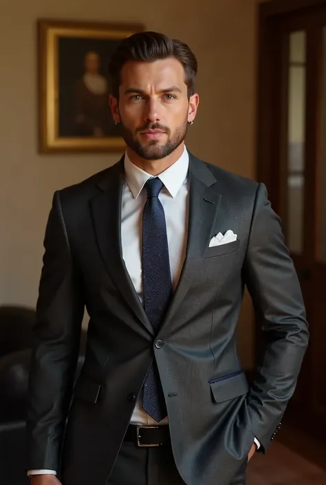 A handsome man has a neatly trimmed beard, short brown hair and light skin, wearing a gray suit, white shirt, tie, jeans. standing in the room