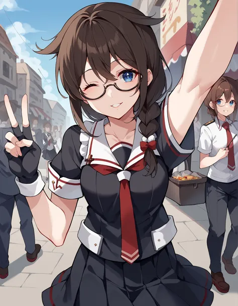 score_9, score_8_up, score_7_up, source_anime, Shigure, Shigure (KanColle), long hair, blue eyes, brown hair, BLACK HAIR, hair accessories, KNITTING GLASSES, stupid hair, single KNITTING GLASSES,  Shoulder hair ,   hair flap,, skirt, gloves, uniform, pleat...