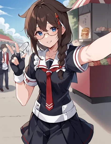 score_9, score_8_up, score_7_up, source_anime, Shigure, Shigure (KanColle), long hair, blue eyes, brown hair, BLACK HAIR, hair accessories, KNITTING GLASSES, stupid hair, single KNITTING GLASSES,  Shoulder hair ,   hair flap,, skirt, gloves, uniform, pleat...