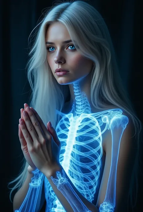 High Quality Photos, beautiful women, Eyes glow blue, Silver Hair, X-ray image of the torso part, full body image, prayer pose, dark room