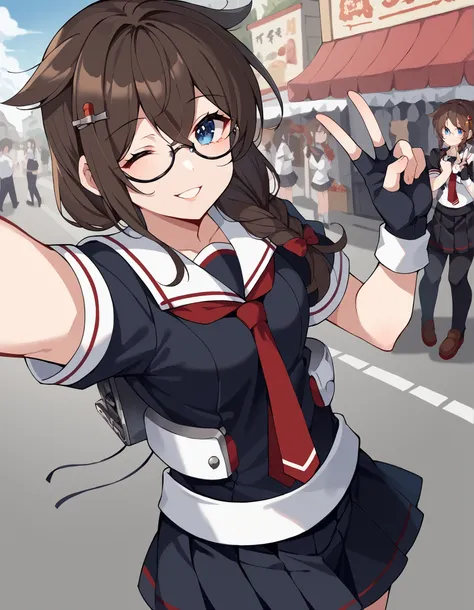 score_9, score_8_up, score_7_up, source_anime, Shigure, Shigure (KanColle), long hair, blue eyes, brown hair, BLACK HAIR, hair accessories, KNITTING GLASSES, stupid hair, single KNITTING GLASSES,  Shoulder hair ,   hair flap,, skirt, gloves, uniform, pleat...