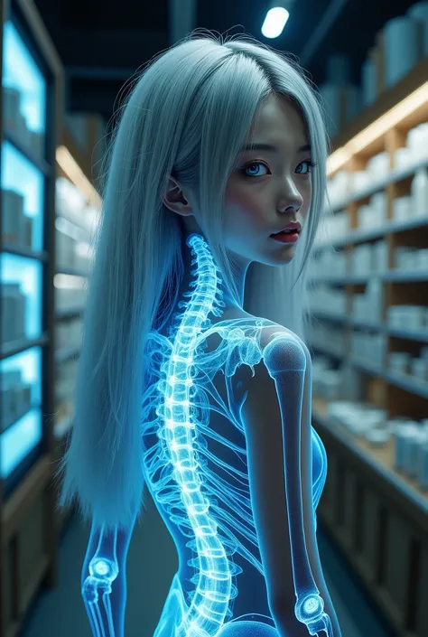 High Quality Photos, beautiful Japanese woman, Eyes glow blue,  Silver Hair, X-ray image of the torso part, full body image, back shot, looking back at the drugstore, Interior that glows pale