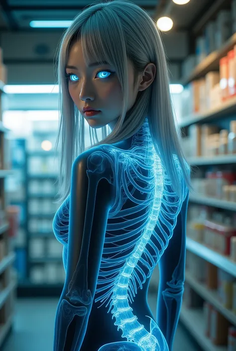 High Quality Photos, beautiful Japanese woman, Eyes glow blue,  Silver Hair, X-ray image of the torso part, full body image, back shot, looking back at the drugstore, Interior that glows pale