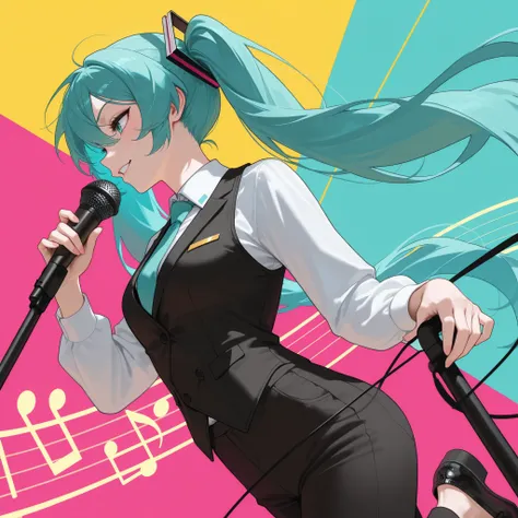 logo musical album of Hatsune Miku wearing a white, with a black vest and tie, black dress pants and shoes. with a seductive and challenging expression and smile, With a raised eyebrow , with profile angle, holding a microphone stand, and the mustard-colo...