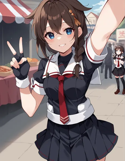 score_9, score_8_up, score_7_up, source_anime, Shigure, Shigure (KanColle), long hair, blue eyes, brown hair, BLACK HAIR, hair accessories, 三つ編み stupid hair,  single braids ,  Shoulder hair ,   hair flap,, skirt, gloves, uniform, pleated skirt, sailor suit...