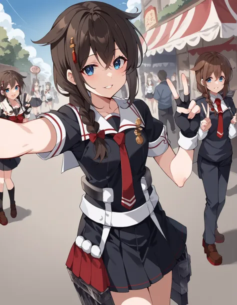 score_9, score_8_up, score_7_up, source_anime, Shigure, Shigure (KanColle), long hair, blue eyes, brown hair, BLACK HAIR, hair accessories, 三つ編み stupid hair,  single braids ,  Shoulder hair ,   hair flap,, skirt, gloves, uniform, pleated skirt, sailor suit...