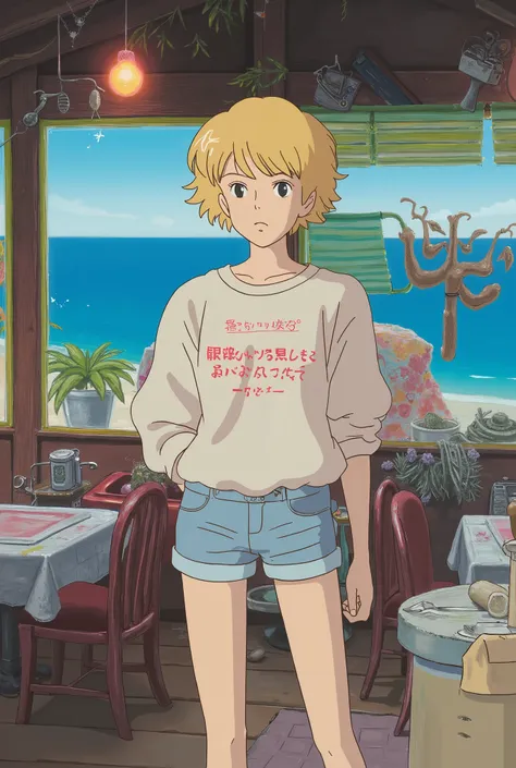 In style of Studio Ghibli. Young woman with short blonde hair and gray eyes, sleeveless sweatshirt, Denim Shorts , in a very detailed messy open restaurant on a hill above a stunning sea beach, drawn in the style of 80s anime, Studio Ghibli animation, del...