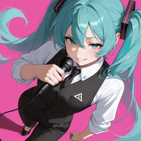 logo musical album of Hatsune Miku wearing a white, with a black vest and tie, black dress pants and shoes. with a seductive and challenging expression and smile, With a raised eyebrow , with profile angle, holding a microphone with one hand and the other...
