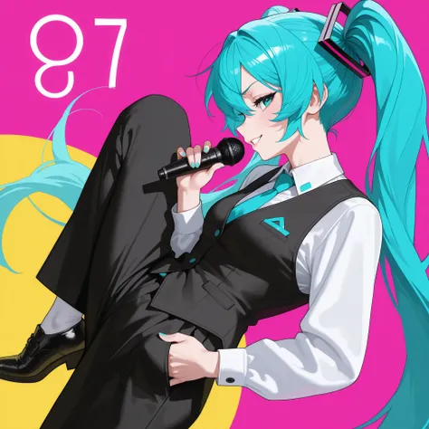 logo musical album of Hatsune Miku wearing a white, with a black vest and tie, black dress pants and shoes. with a seductive and challenging expression and smile, With a raised eyebrow , with profile angle, holding a microphone with one hand and the other...