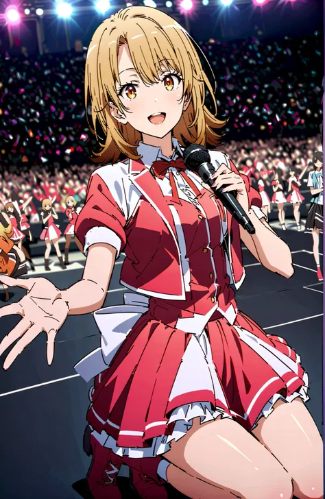 Irohaisshiki, Isshiki Iroha , solo,short hair, brown hair, brown eyes,smile,cover,open your mouth,
idol costume, dress,collared  dress,jacket,cropped jacket,Short sleeve,bowtie,bow,button,villages with,(white knee-high:1.2),boots,アイドル歌手がライブ ステージで熱狂的に歌うシーンの...