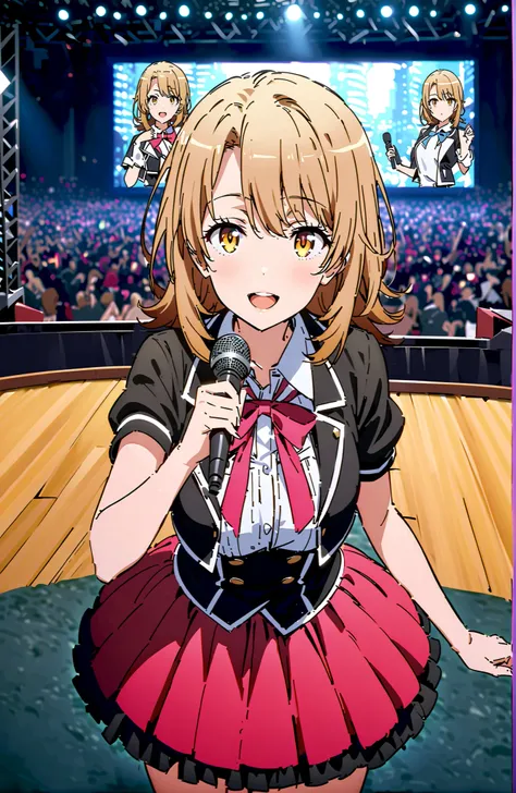 Irohaisshiki, Isshiki Iroha , solo,short hair, brown hair, brown eyes,smile,cover,open your mouth,
idol costume, dress,collared  dress,jacket,cropped jacket,Short sleeve,bowtie,bow,button,villages with,(white knee-high:1.2),boots,アイドル歌手がライブ ステージで熱狂的に歌うシーンの...