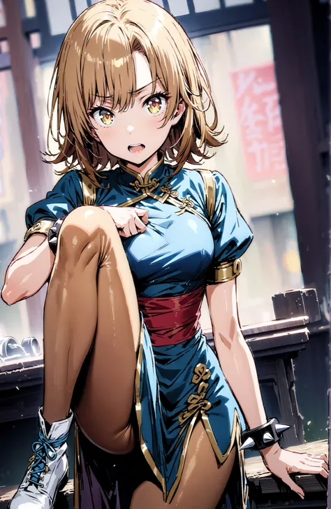 score_9, score_8_up, score_7_up, source_anime,Irohaisshiki, Isshiki Iroha , solo,short hair, brown hair, brown eyes,
chunlicosplay, Chunli \(cosplay\), blue  dress, boots, bracelet with clean teeth, brown pantyhose, china  dress, Chinese clothes, cross rac...