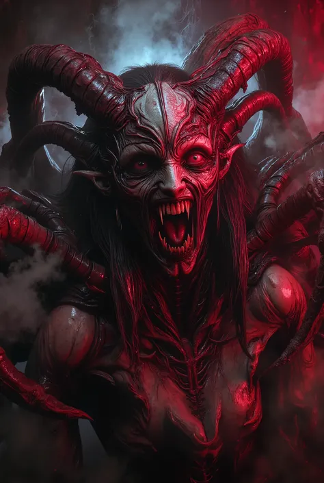 Terrible Devil, scary female Beelzebub, (Queen of Flies:1.5),high quality,realistic 3D, horror art, Magician,daemon,dark vibe,red and black colors, extremely detailed, masterpiece,4K realistic with lots of detail,photorealistic,Extreme Detailed Expression,...