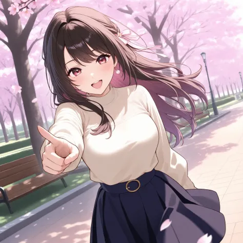 Japanese woman walking in a park with cherry blossoms in full bloom、pointing at the camera、from obliquely above、skirt
