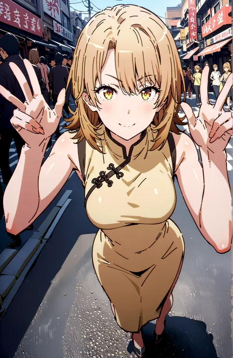 Irohaisshiki, Isshiki Iroha ,solo, short hair, brown hair, brown eyes,smile,cover,grins,yellow sleeveless Chinese clothes,Medium breast,Long side slits,pin heels,standing, peace sign pose ,crowd,full bodyがillustrationsに入るように,break outdoors,Chinatown,
break...