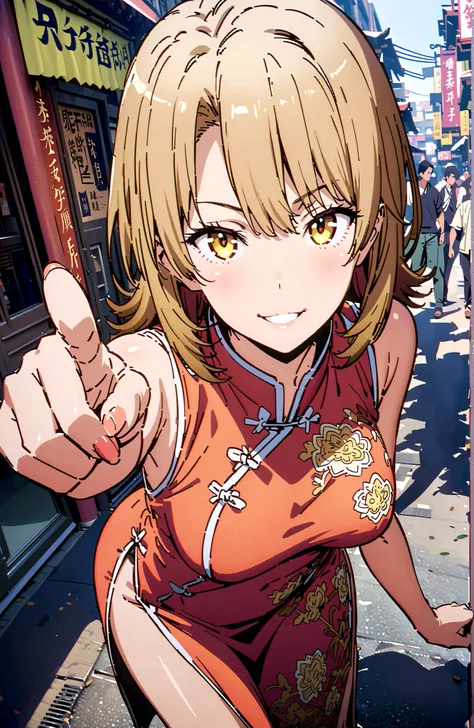Irohaisshiki, Isshiki Iroha ,solo, short hair, brown hair, brown eyes,narrows her eyes,smile,cover,grins,yellow sleeveless Chinese clothes,Medium breast,Long side slits,pin heels,standing, peace sign pose ,crowd,full bodyがillustrationsに入るように,break outdoors...