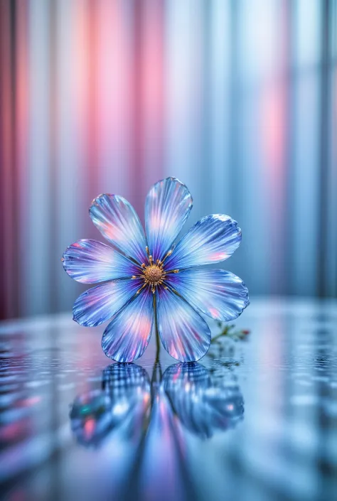 A delicate translucent crystal flower, crafted with intricate glass-like petals reflecting light. The petals have a subtle iridescence, displaying soft hues of blue, violet, and pink. The flower rests on a sleek, mirrored surface, enhancing its ethereal gl...