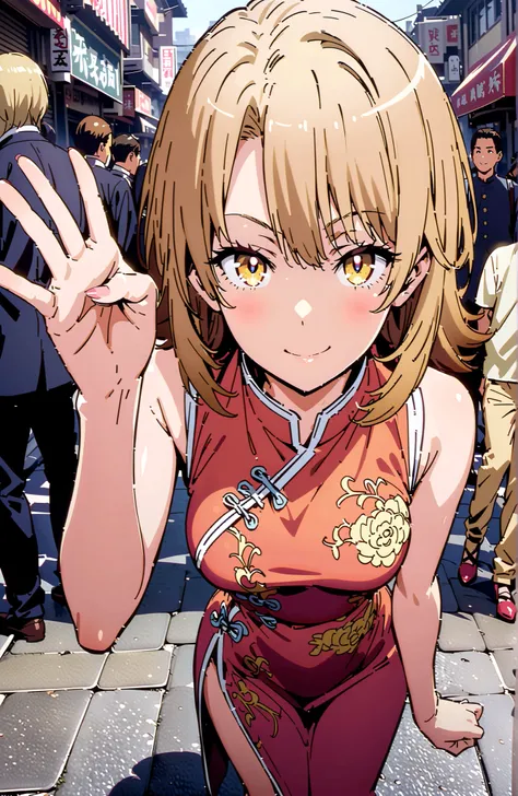 Irohaisshiki, Isshiki Iroha ,solo, short hair, brown hair, brown eyes,narrows her eyes,smile,cover,grins,yellow sleeveless Chinese clothes,Medium breast,Long side slits,pin heels,standing, peace sign pose ,crowd,full bodyがillustrationsに入るように,break outdoors...