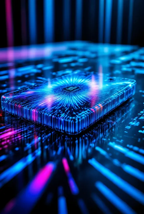 A futuristic translucent sci-fi gadget with intricate glass textures and glowing neon trails. The device has sleek, curved edges, resembling a high-tech holographic interface. Its transparent crystalline surface reflects vibrant neon hues of blue, purple, ...