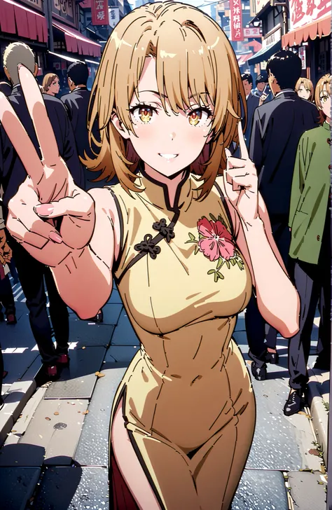 Irohaisshiki, Isshiki Iroha ,solo, short hair, brown hair, brown eyes,narrows her eyes,smile,cover,grins,yellow sleeveless Chinese clothes,Medium breast,Long side slits,pin heels,standing, peace sign pose ,crowd,full bodyがillustrationsに入るように,break outdoors...