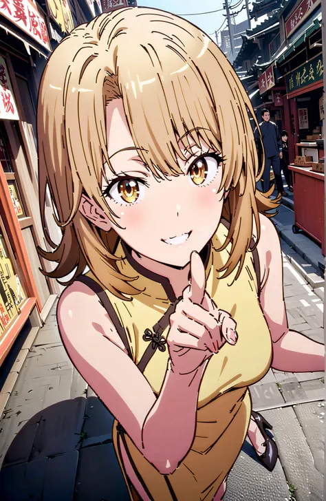 Irohaisshiki, Isshiki Iroha ,solo, short hair, brown hair, brown eyes,narrows her eyes,smile,cover,grins,yellow sleeveless Chinese clothes,Medium breast,Long side slits,pin heels,standing,Double Piece Sign Poses,crowd,full bodyがillustrationsに入るように,break ou...