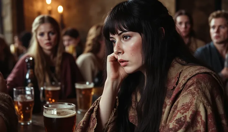 A short female human mage dressed in darkly etched patchwork robes. She has a bruised face and long, dirty black hair. Her skin is white, her eyes are dark brown. She is nursing a flagon of ale, and her face is tired and depressed as she watches a female p...