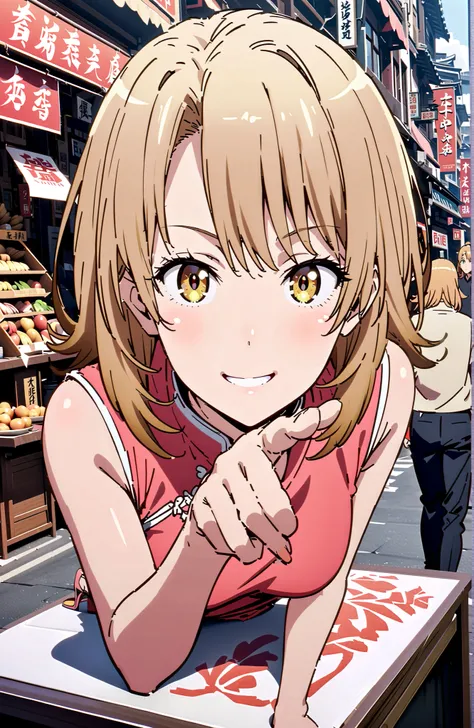 Irohaisshiki, Isshiki Iroha ,solo, short hair, brown hair, brown eyes,narrows her eyes,smile,cover,grins,yellow sleeveless Chinese clothes,Medium breast,Long side slits,pin heels,standing,Double Piece Sign Poses,crowd,full bodyがillustrationsに入るように,break ou...