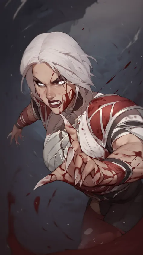 masterpiece, best quality, amazing quality, newest, very aesthetic, 1girl,Khameleon from \(mortal kombat\),dynamic pose,long nails,bloody,blood all over her body and face,angry,white hair,white eyes