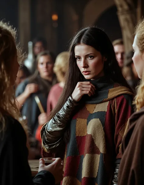 **A short female human mage** dressed in darkly etched patchwork robes. She has a bruised face and long, dirty black hair. Her skin is white, her eyes are dark brown. She is nursing a flagon of ale, and her face is tired and depressed as she argues with **...