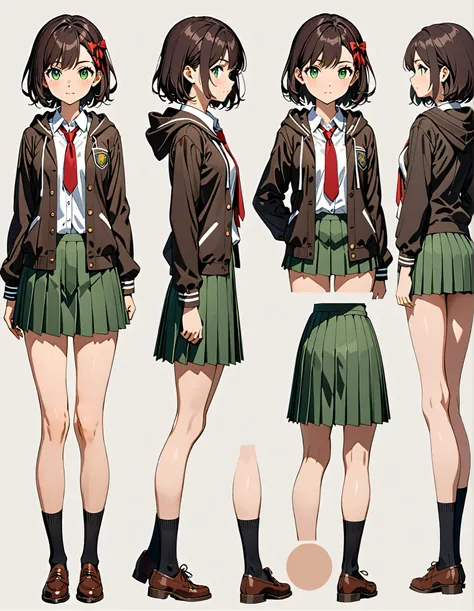 masterpiece, best quality, high res, highly detailed, 8k, 1girl, high school student, perfect anatomy, dark brown hoodie jacket, white shirt, red ribbon bow necktie, pleated skirt, miniskirt, bare legs, black socks, brown shoes, jet black hair, short hair,...