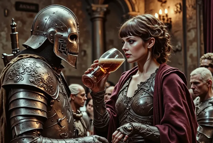 A tall female human paladin dressed in darkly etched fullplate armour. She has a sad smile and dirty, short brown hair. Her skin is white, her eyes are light green, and her face is tired and depressed. She is standing in deep discussion with an angry male ...