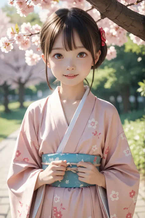 under a cherry tree in full bloom,cute young girl,hyper young girl,little loli girl,Lanky,masterpiece,short,skinny,thin body,younger,small breasts,Japanese,kimono,(smile:0.4),narrow shoulders,brown eyes,delicate,