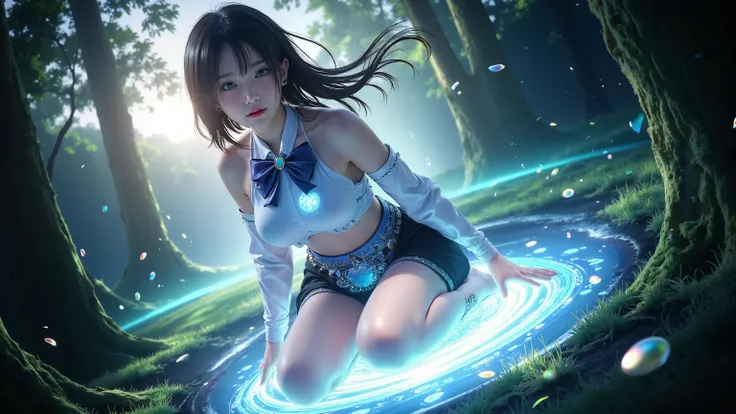 Half luminescence、Transparent、Shining Reflected Light、 future、She's searching for medicinal herbs while emitting a slight glow。(Girl walking in a forest, a faint rainbow-colored aura drifts translucently around her, sunlight filtering through the trees, ai...
