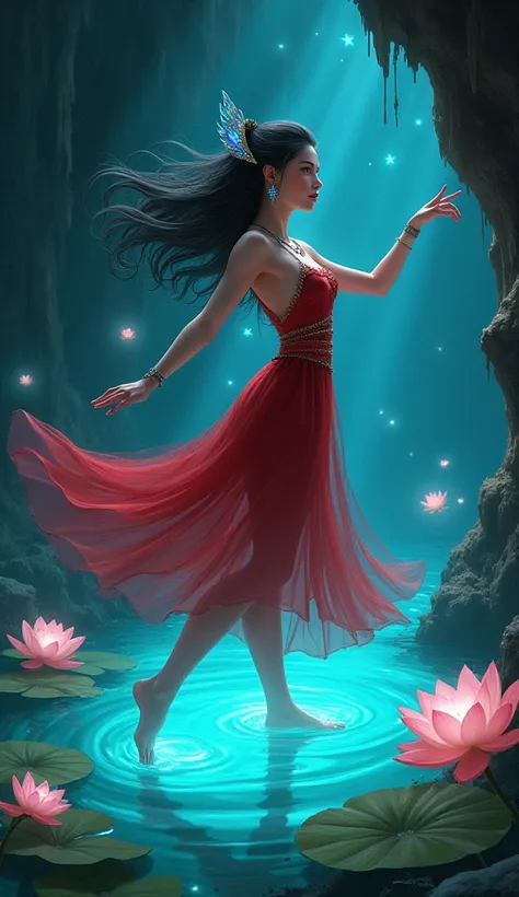 A fantasy digital illustration of a serene young woman with long, dark hair partially styled up, adorned with iridescent, delicate hair accessories that resemble wings or petals in shades of blue and pink. She has fair skin, light-colored eyes (blue or gre...