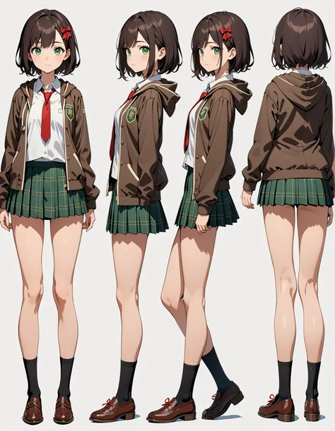 masterpiece, best quality, high res, highly detailed, 8k, 1girl, high school student, perfect anatomy, dark brown hoodie jacket, white shirt, red ribbon bow necktie, pleated skirt, miniskirt, bare legs, black socks, brown shoes, jet black hair, short hair,...