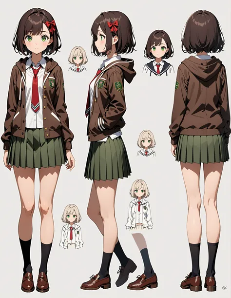 masterpiece, best quality, high res, highly detailed, 8k, 1girl, high school student, perfect anatomy, dark brown hoodie jacket, white shirt, red ribbon bow necktie, pleated skirt, miniskirt, bare legs, black socks, brown shoes, jet black hair, short hair,...