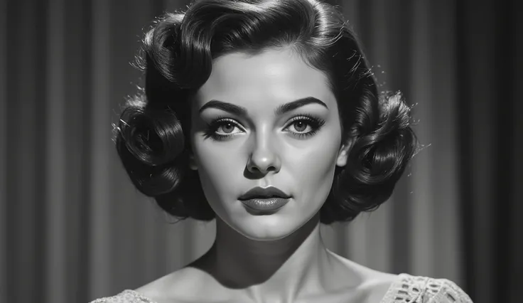 Black and white portrait of a swing dancer woman from the 1930s, short wavy hairstyle, bold eyeliner, confident expression, sweat on her forehead after dancing, soft grain, cinematic studio lighting, vintage fashion details