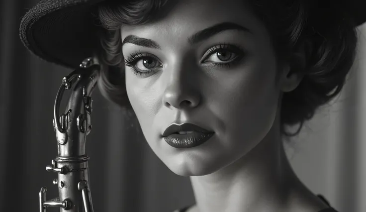 Close-up black and white portrait of a woman holding a saxophone, 1940s fashion, side lighting emphasizing her facial features, soft expression, feathered hat, elegant and moody swing-era atmosphere