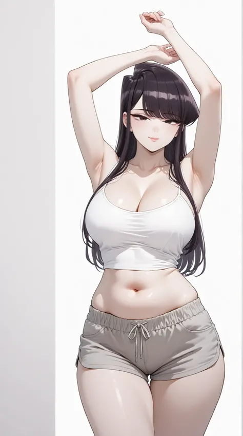 masterpiece, extremely detailed, perfect skin texture, 4k, solo, 1girl, adult,((fullbody)), stand up, komi_shouko, sexy legs, perfect body, large breasts, white tshirt, grey shorts, housewife, soft light, high detailed, best quality, midriff, navel, navel ...