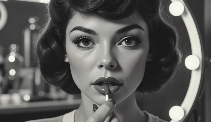 Close-up black and white shot of a woman fixing her lipstick in a round mirror, backstage dressing room, soft lamp light, retro perfume bottles on the vanity, deep film texture