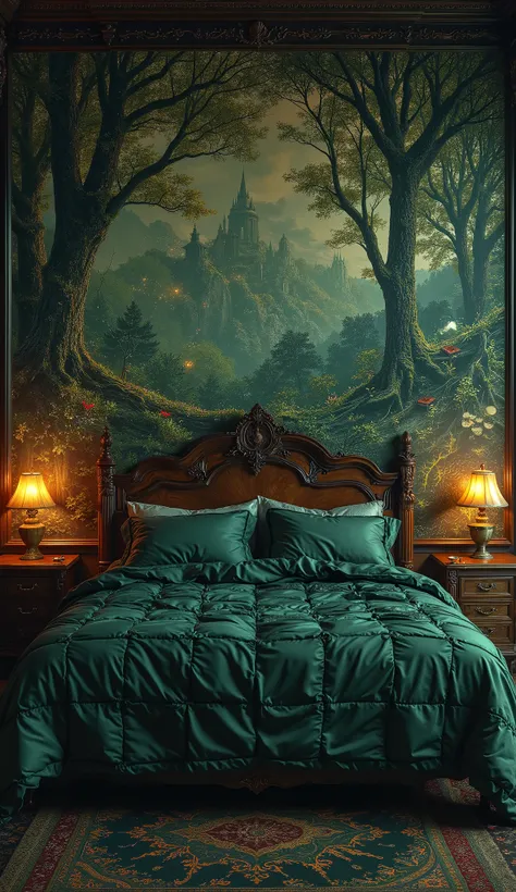 Create an artistic, detailed, and emotional image in the style of melancholic, dark romanticism. The image should show a surreal bedroom with a double bed and two bedside tables next to it. Everything is done in dark, grained, varnished wood and dark green...