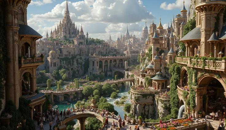 Ancient City, an ancient city with beautiful scenery、intricate cityscape、Beautiful Nature、coffee shop、General store、color々Also, there are lots of shops、greatest masterpiece、32K、realistic image framed with flowers、ultra high definition、best image quality、Hi...
